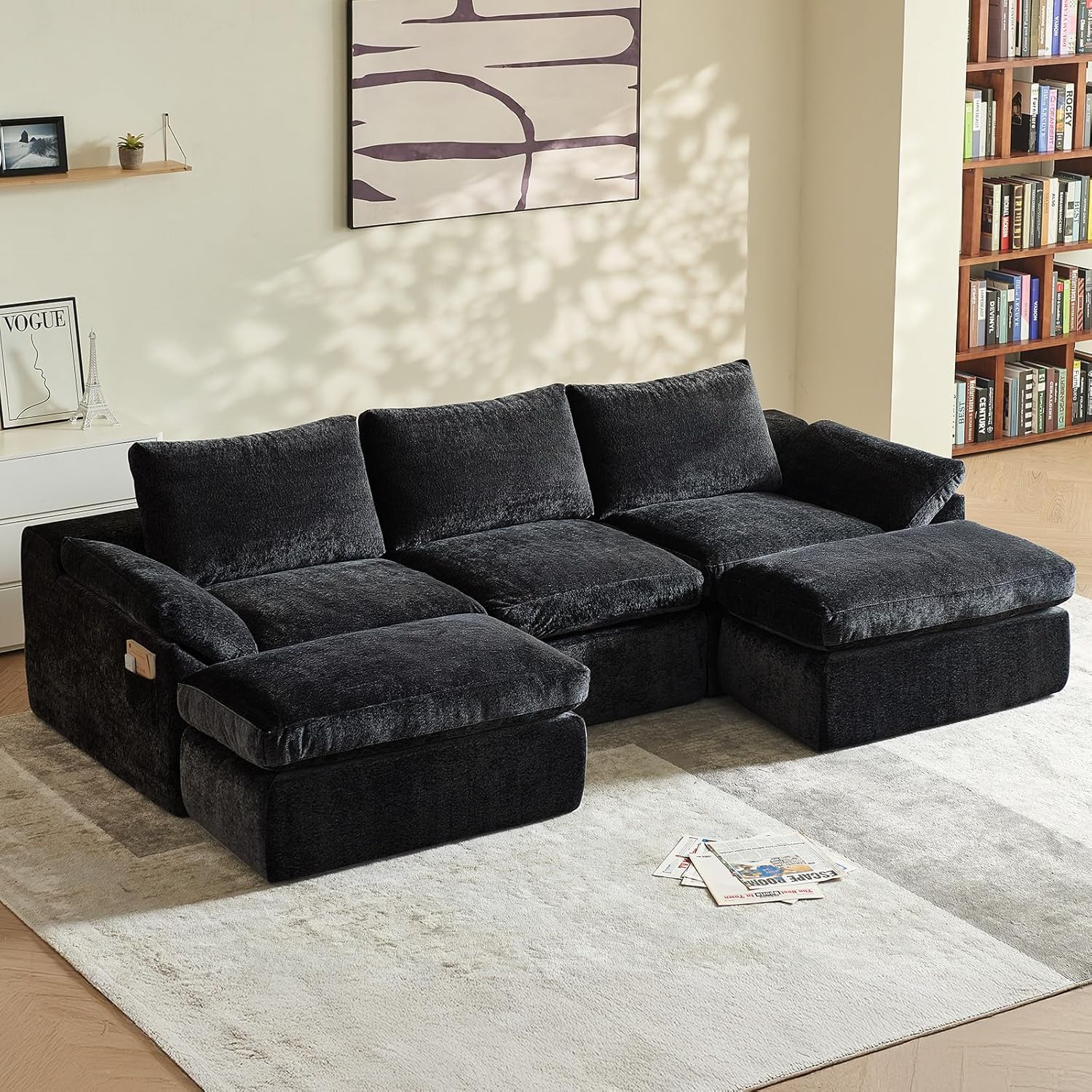 Vamcheer U Shaped Cloud Couch - Utra Soft Modular Sectional Sofa with 2 Movable Ottoman, Deep Seat Boneless Couches for Living Room, Bedroom, Office, No Assembly Required, Black