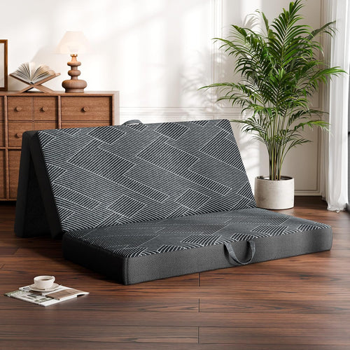Vamcheer Foldable Mattress Queen Size, 5 inch Folding Mattress, Tri-fold Memory Foam Mat with a Collapsible and Washable Cover, Handle & Non-Slip Bottom for Travel/Guest, 75"x38"x5", Grey